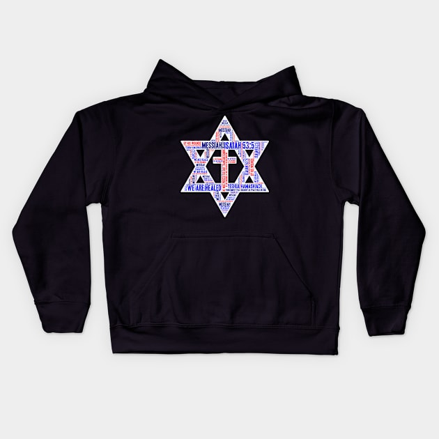 Isaiah 53-5 Word Cloud Messianic Star David Crucifix Kids Hoodie by BubbleMench